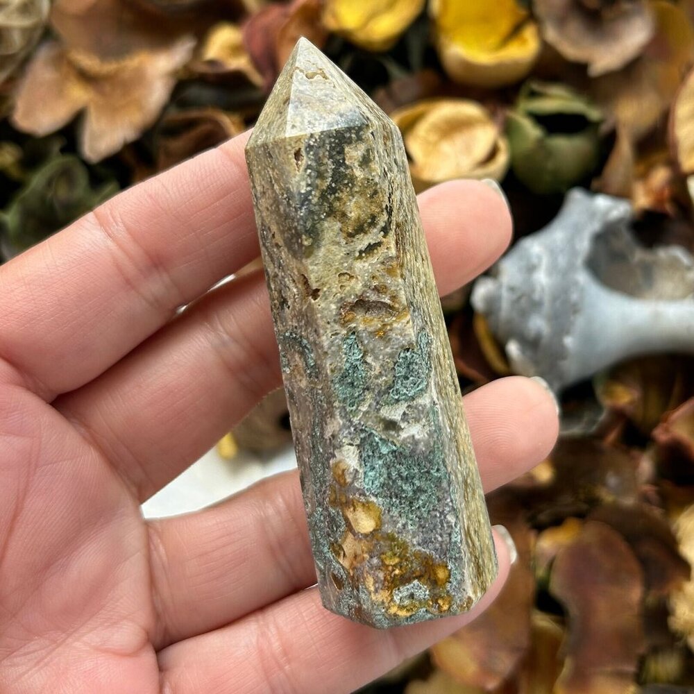 Ocean Jasper #2 Crystal Tower - Carved Gemstone Point Wand Chakra Obelisk 3 1/4"